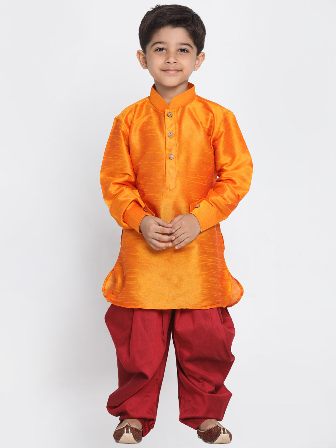 Vastramay Boys' Orange and Maroon Silk Blend Kurta and Patiala Pant Set - qivii