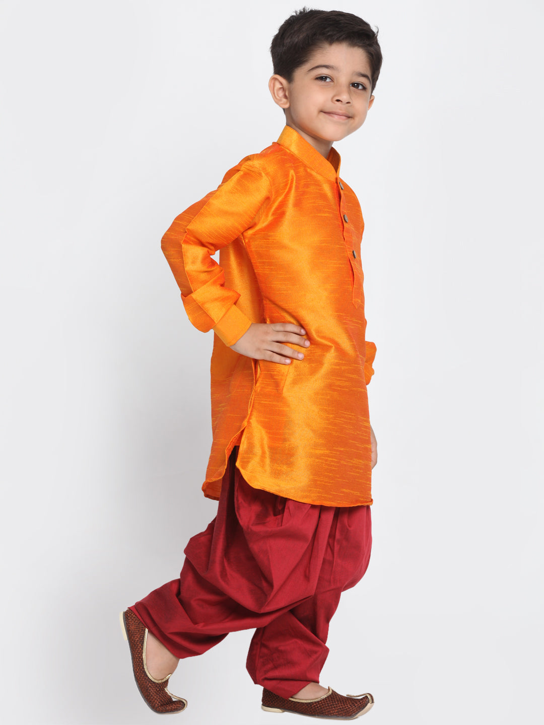 Vastramay Boys' Orange and Maroon Silk Blend Kurta and Patiala Pant Set - qivii