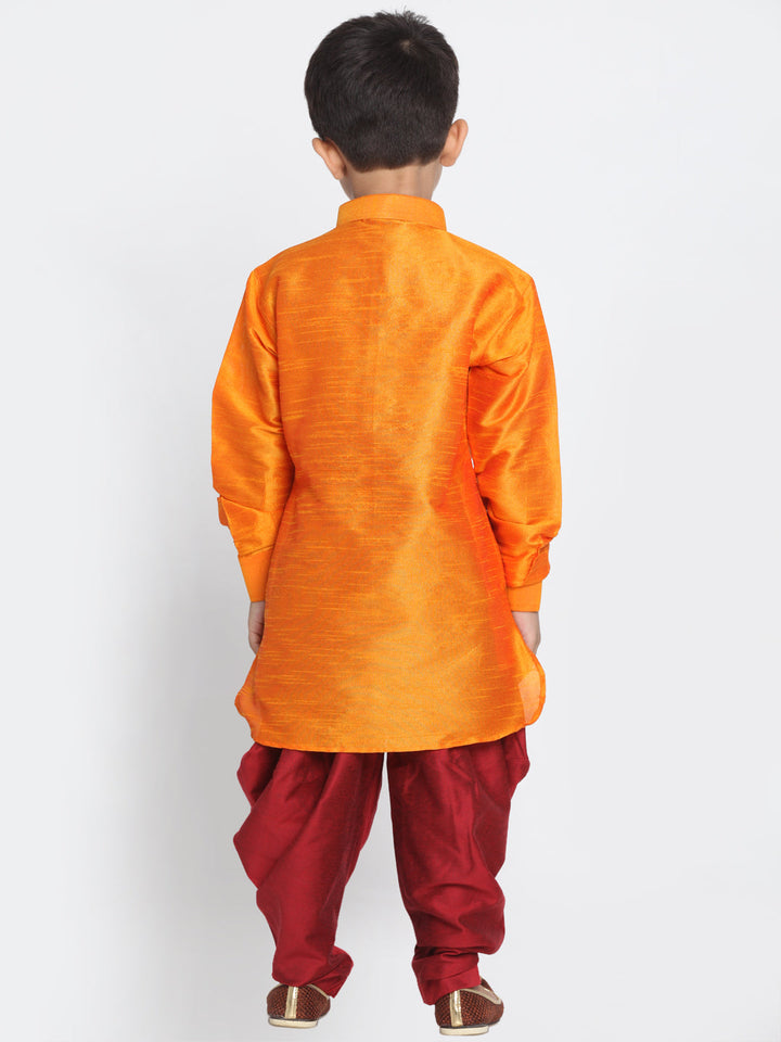 Vastramay Boys' Orange and Maroon Silk Blend Kurta and Patiala Pant Set - qivii