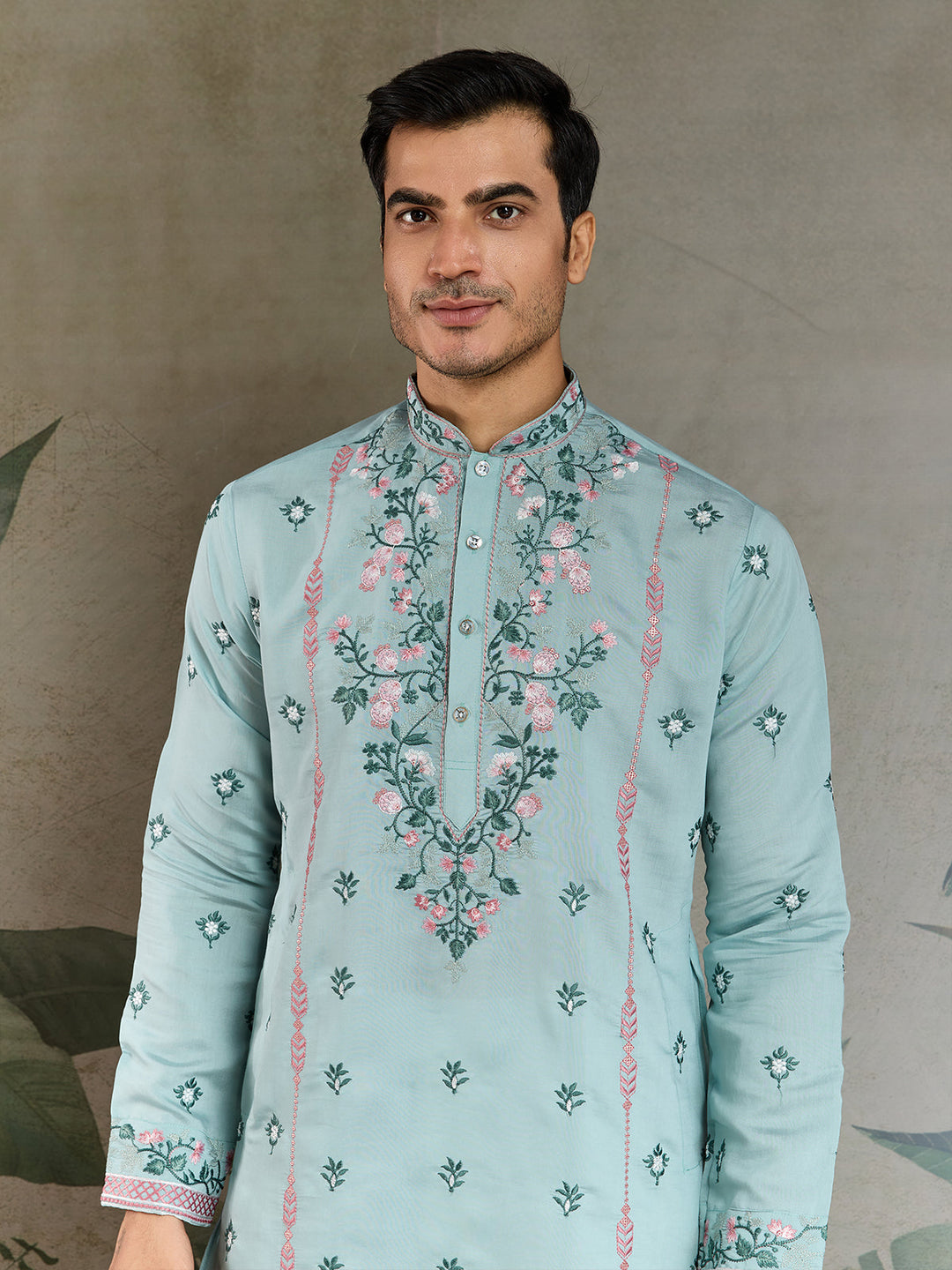 Men's Sky Blue Viscose Silk Kurta with Thread & Sequin Embroidery - qivii