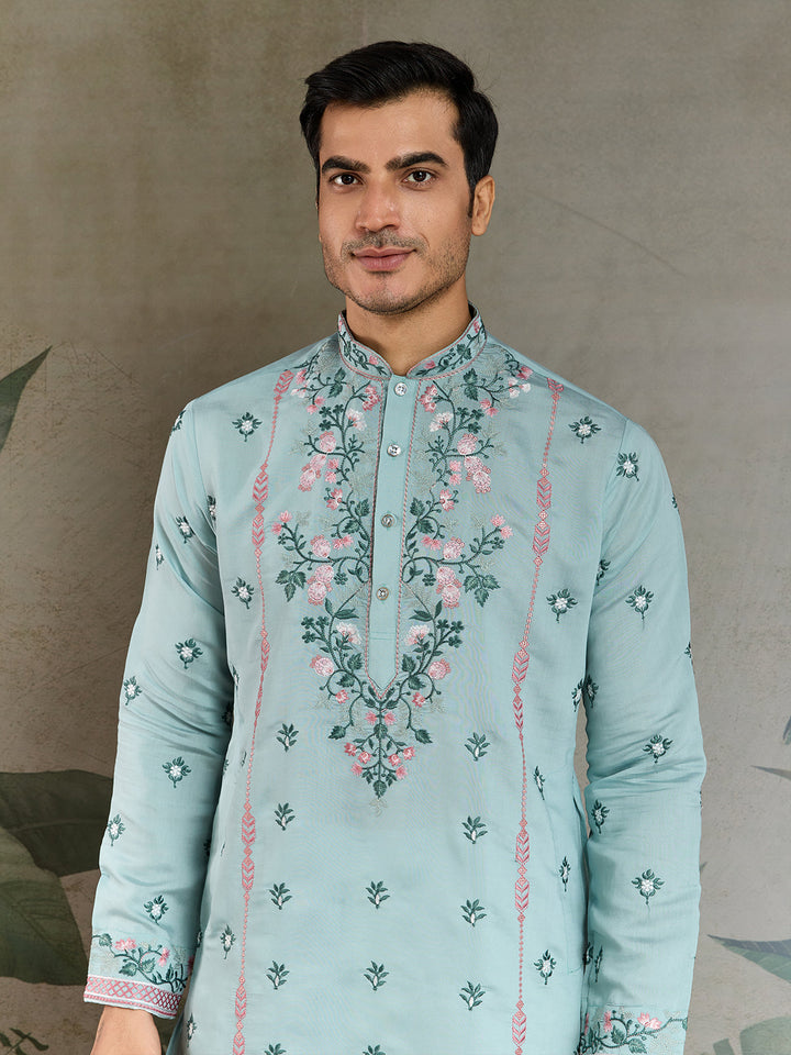 Men's Sky Blue Viscose Silk Kurta with Thread & Sequin Embroidery - qivii