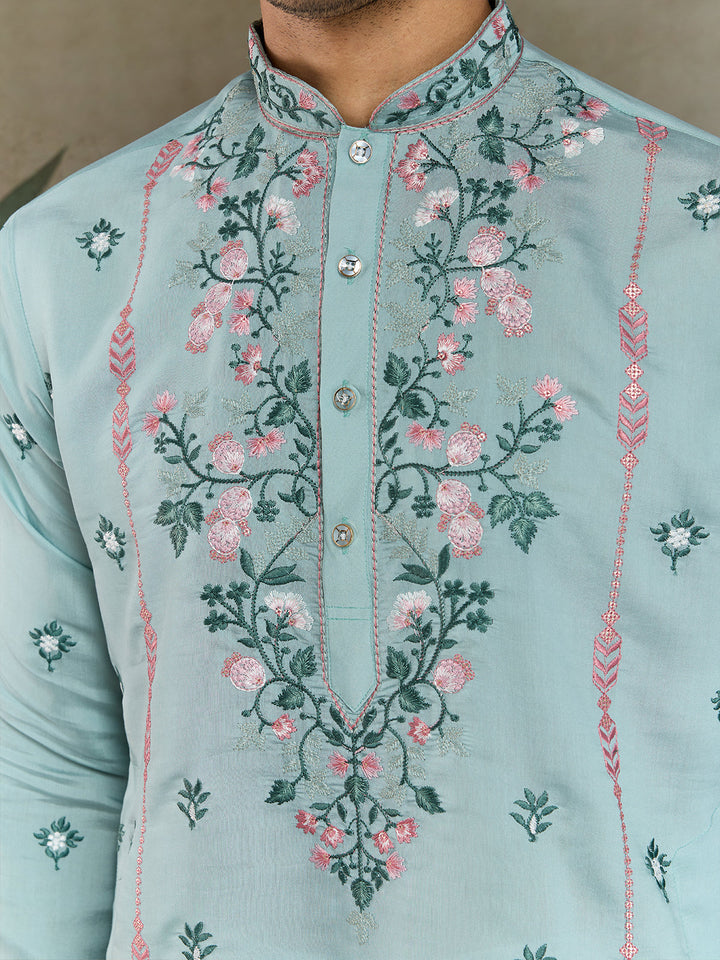 Men's Sky Blue Viscose Silk Kurta with Thread & Sequin Embroidery - qivii