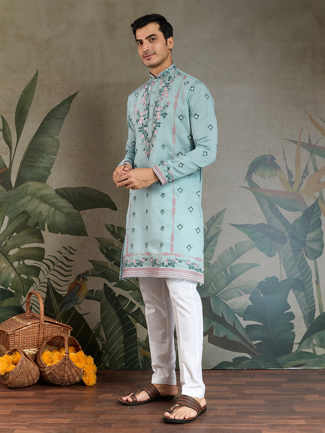 Men's Sky Blue Viscose Silk Kurta with Thread & Sequin Embroidery - qivii