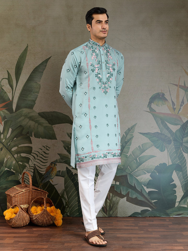 Men's Sky Blue Viscose Silk Kurta with Thread & Sequin Embroidery - qivii