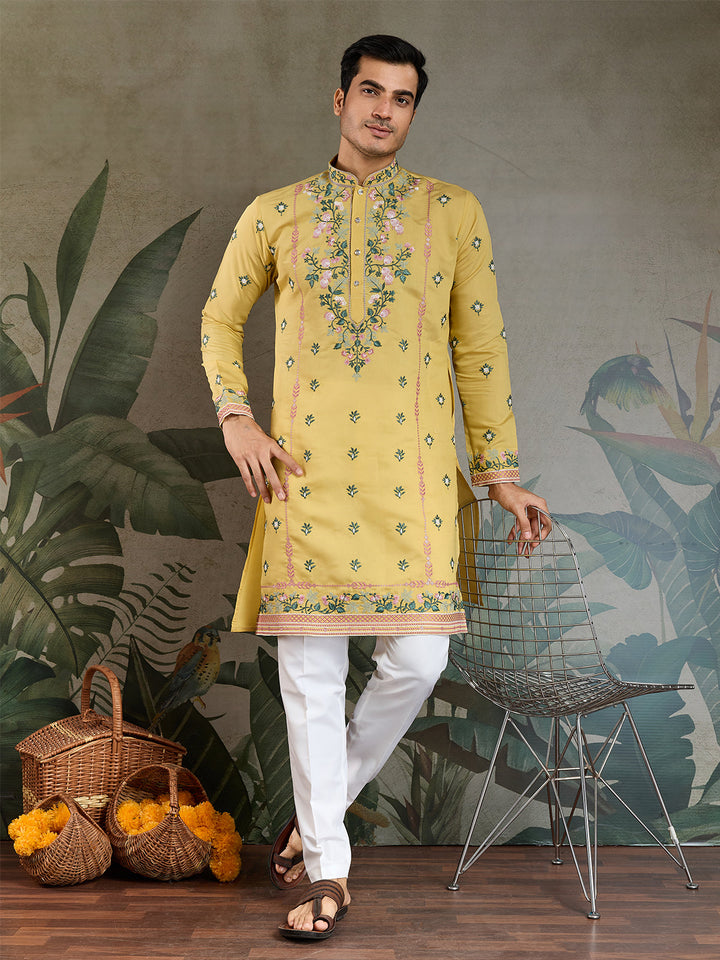 Designer Yellow Viscose Silk Kurta with Thread & Sequin Embroidery - qivii
