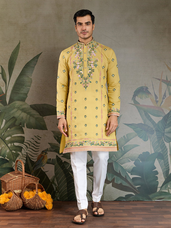 Designer Yellow Viscose Silk Kurta with Thread & Sequin Embroidery - qivii