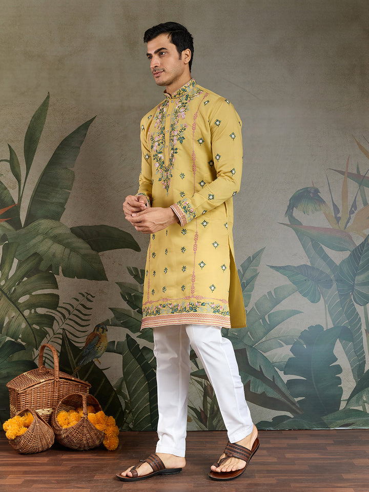 Designer Yellow Viscose Silk Kurta with Thread & Sequin Embroidery - qivii
