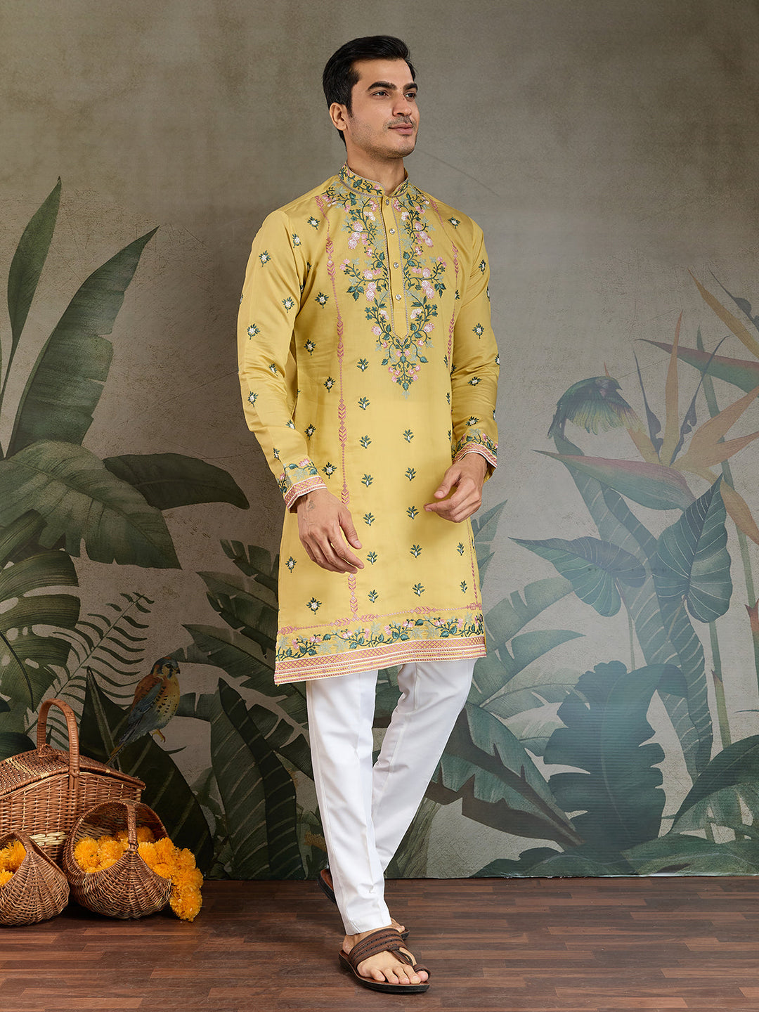 Designer Yellow Viscose Silk Kurta with Thread & Sequin Embroidery - qivii