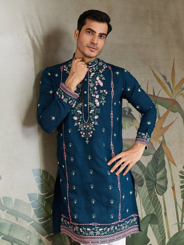 Teal Blue Viscose Silk Men's Kurta with Thread & Sequin Embroidery - qivii