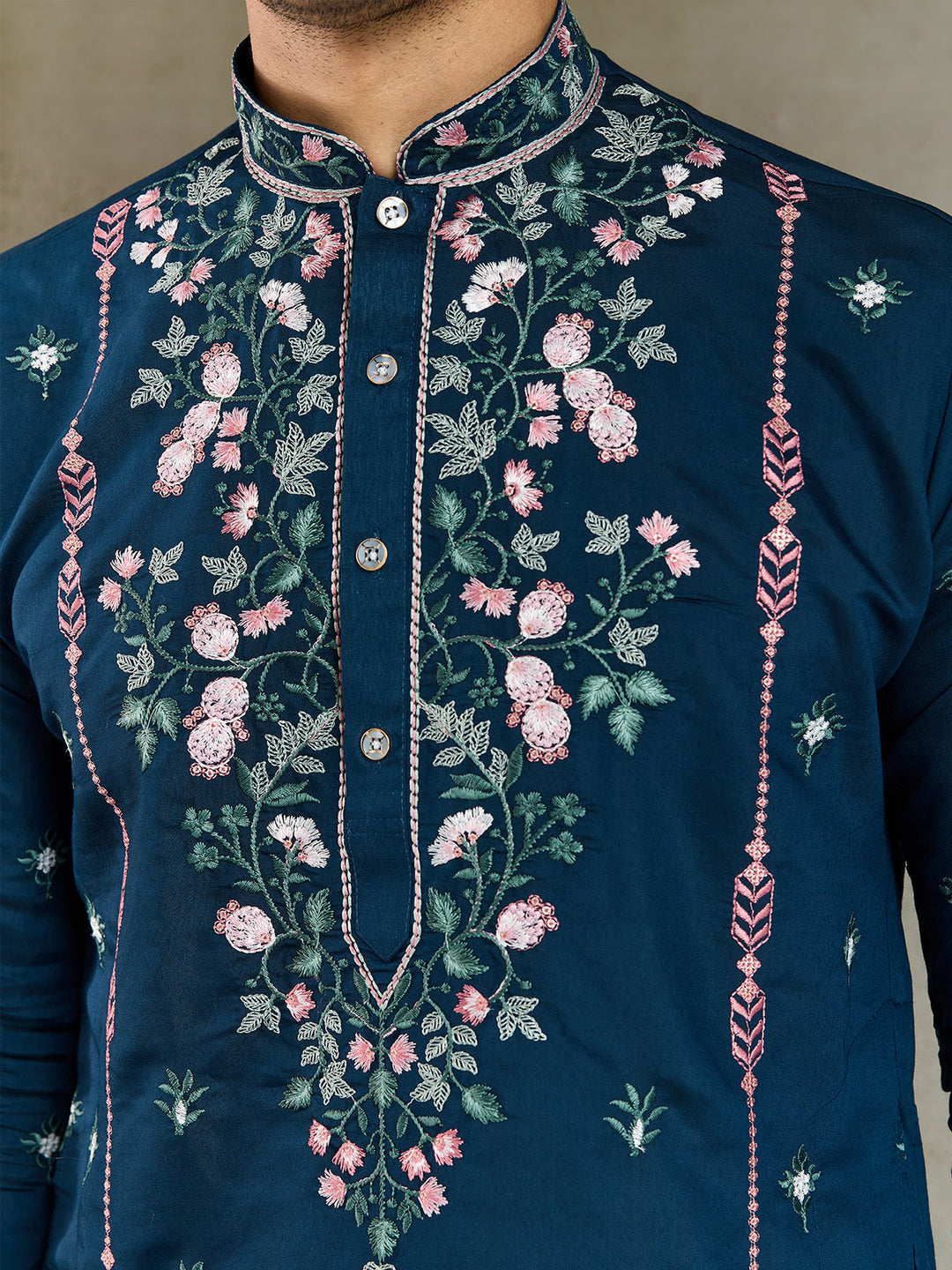 Teal Blue Viscose Silk Men's Kurta with Thread & Sequin Embroidery - qivii