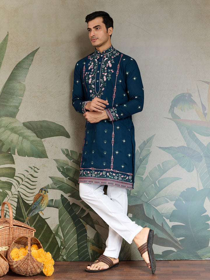 Teal Blue Viscose Silk Men's Kurta with Thread & Sequin Embroidery - qivii