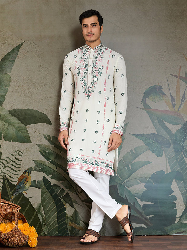 White Occasion Style Viscose Silk Men's Kurta - qivii