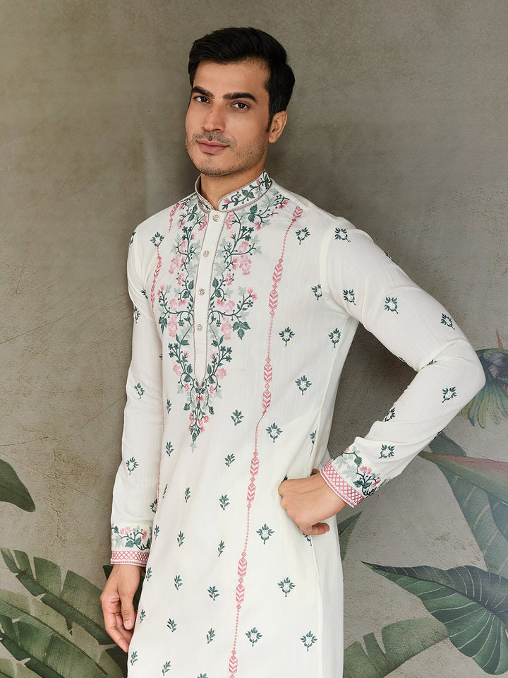 White Occasion Style Viscose Silk Men's Kurta - qivii
