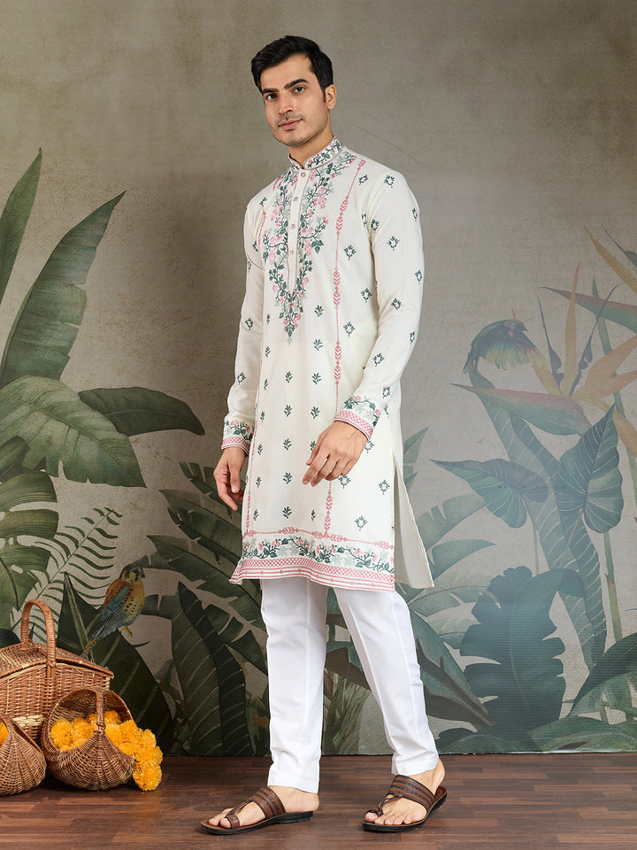 White Occasion Style Viscose Silk Men's Kurta - qivii