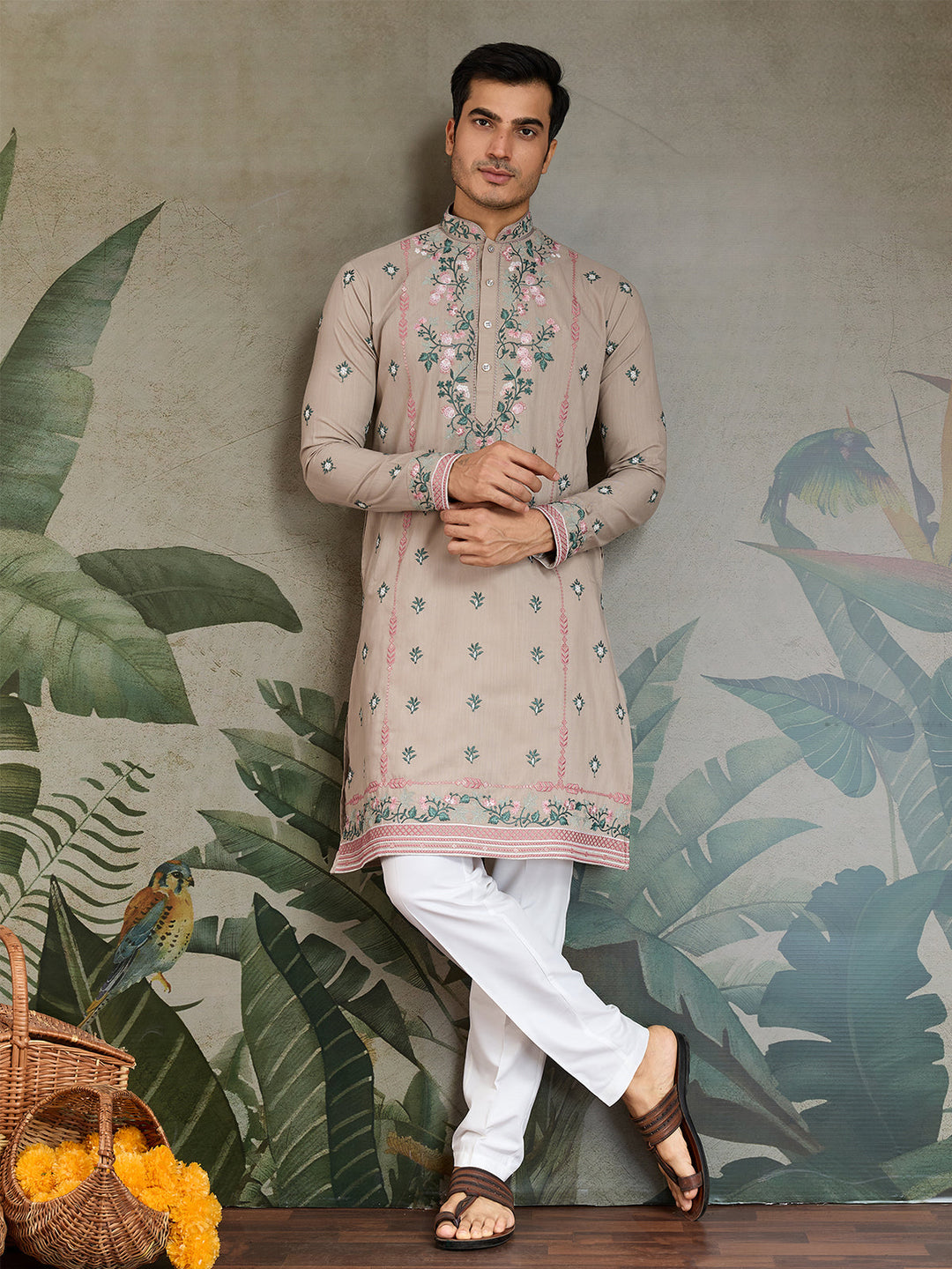 Embroidered Ivory Occasion Style Viscose Silk Men's Kurta - qivii