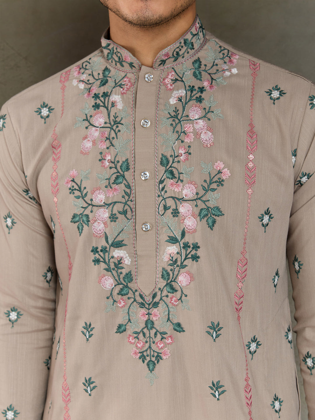 Embroidered Ivory Occasion Style Viscose Silk Men's Kurta - qivii