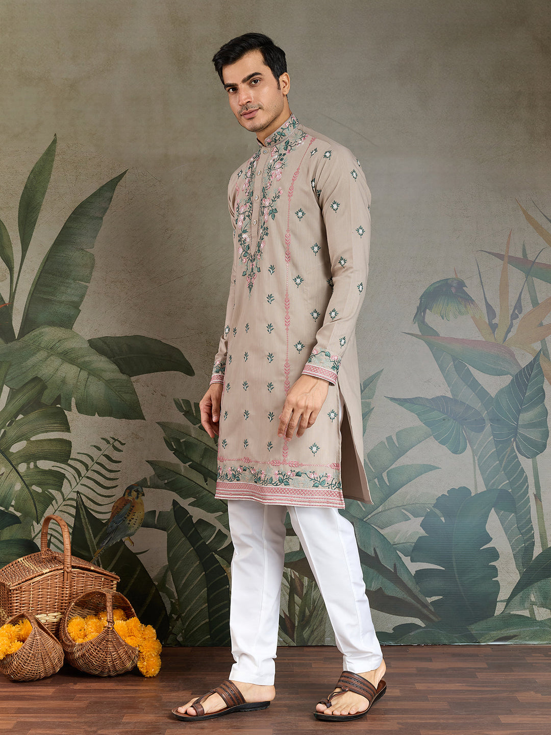 Embroidered Ivory Occasion Style Viscose Silk Men's Kurta - qivii