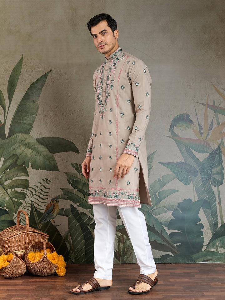 Embroidered Ivory Occasion Style Viscose Silk Men's Kurta - qivii