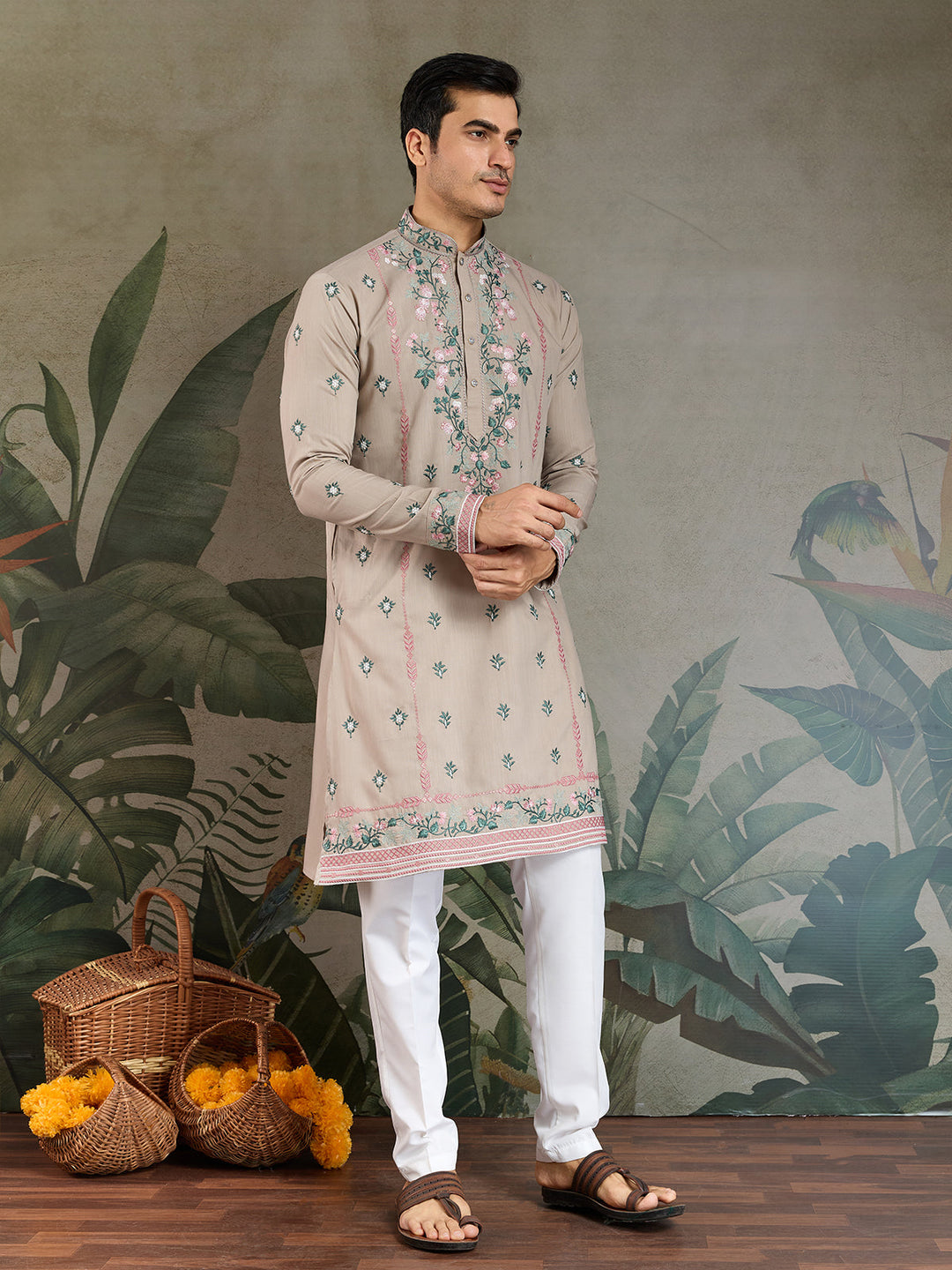 Embroidered Ivory Occasion Style Viscose Silk Men's Kurta - qivii