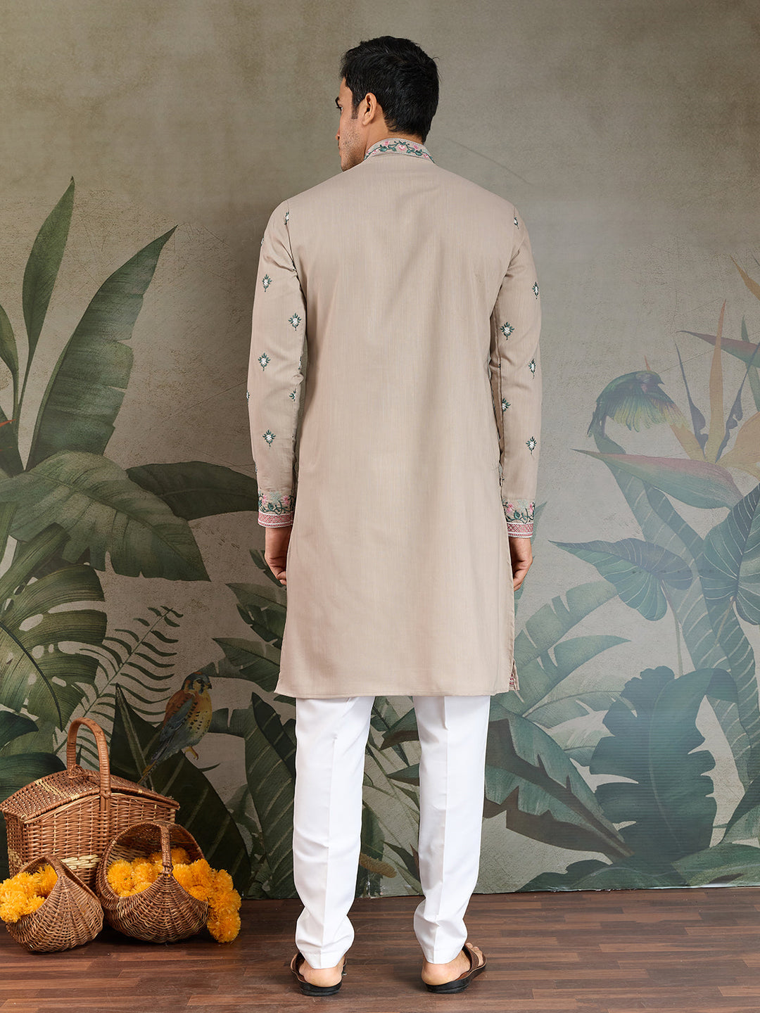 Embroidered Ivory Occasion Style Viscose Silk Men's Kurta - qivii