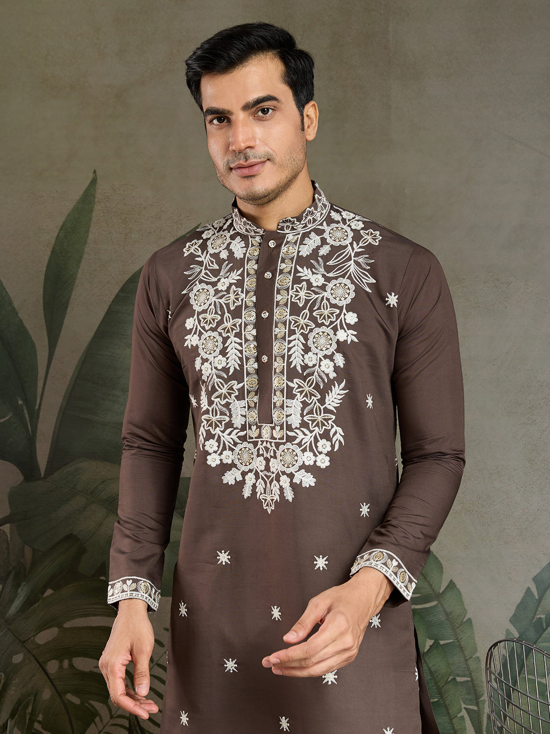 Chocolate Grey Rayon Embroidered Men's Kurta - qivii
