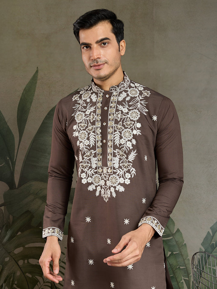 Chocolate Grey Rayon Embroidered Men's Kurta - qivii