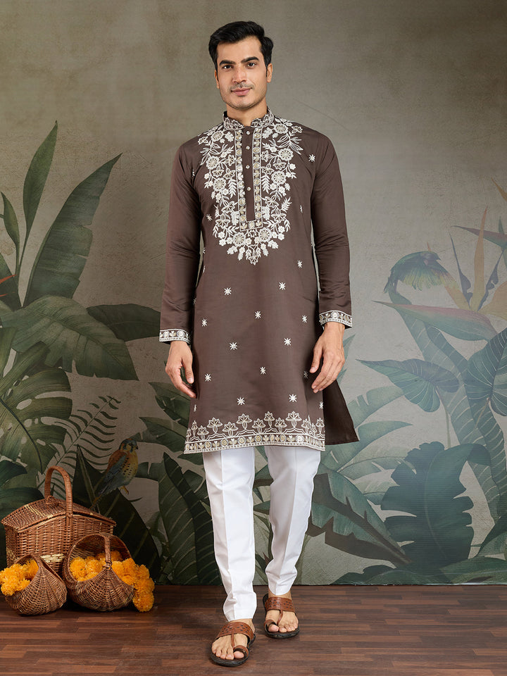 Chocolate Grey Rayon Embroidered Men's Kurta - qivii