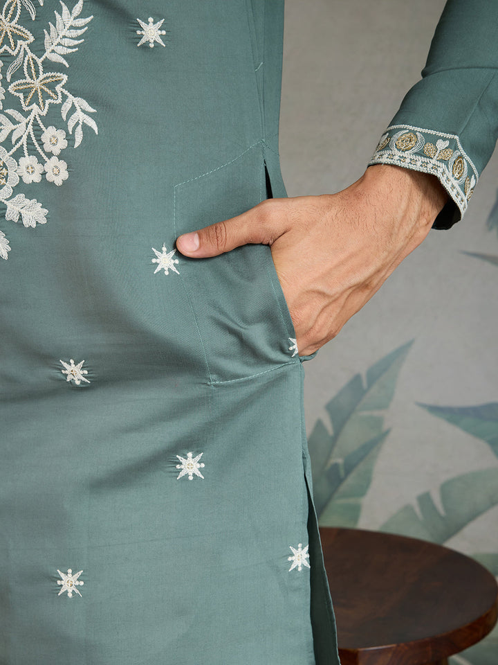 Embroidered Ethnic Pistachio Green Rayon Men's Kurta - qivii