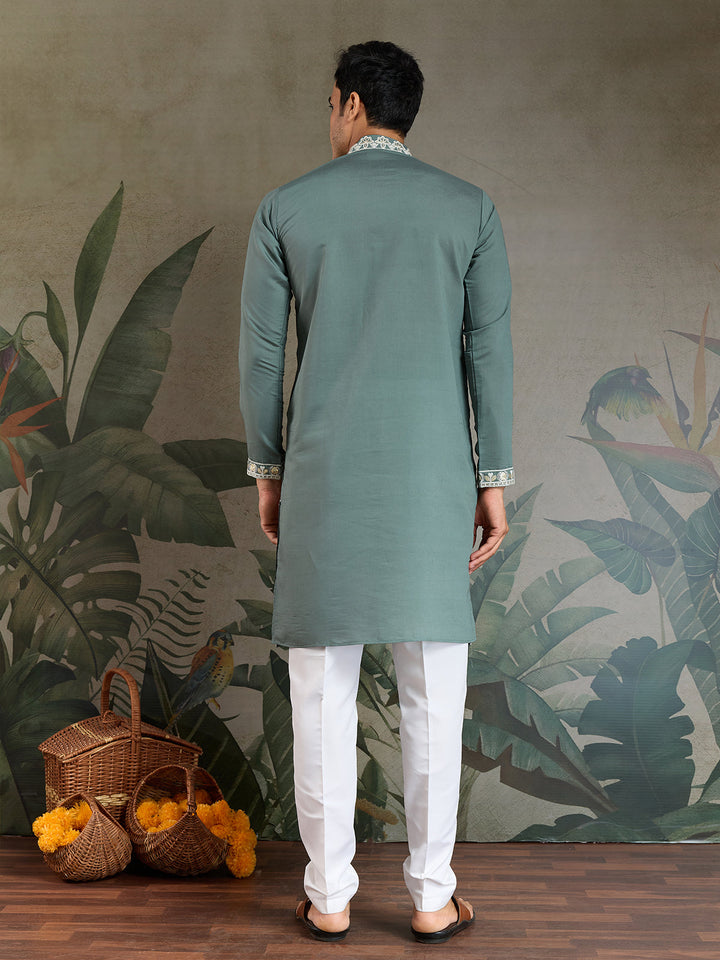 Embroidered Ethnic Pistachio Green Rayon Men's Kurta - qivii