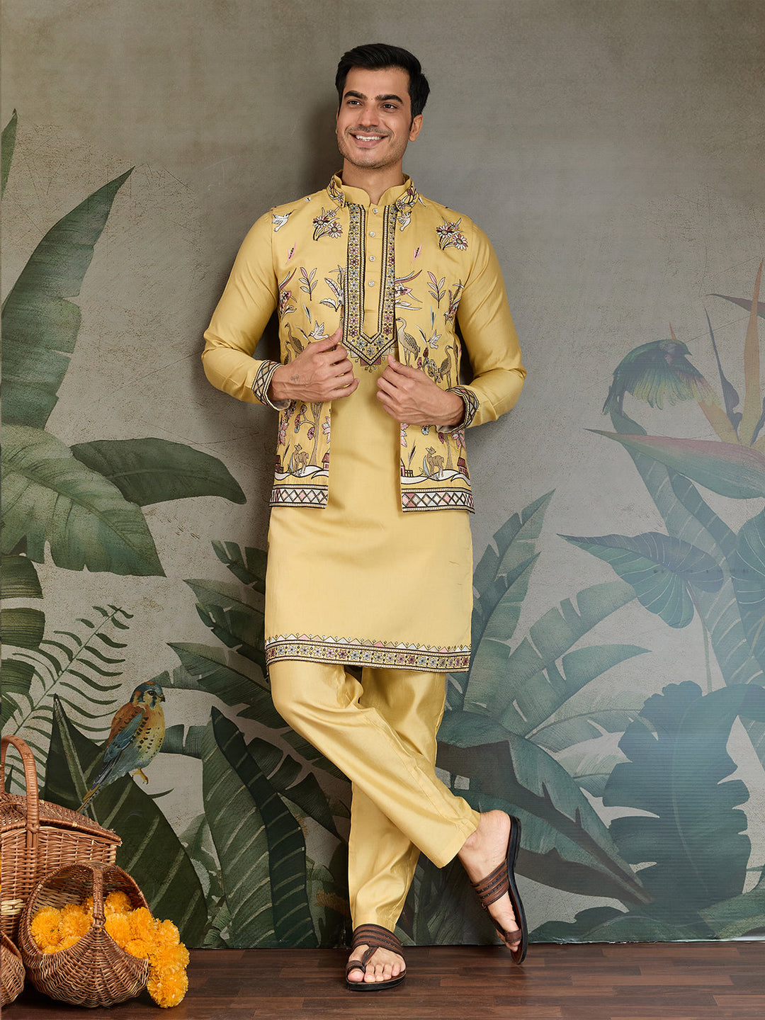 Yellow Viscose Silk Wedding Kurta with Embroidered Koti - qivii
