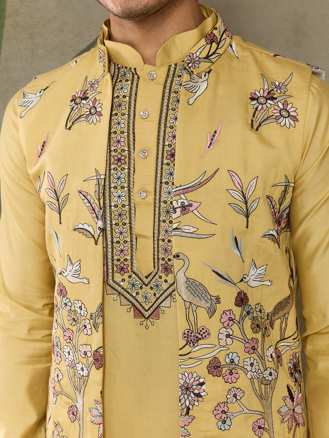 Yellow Viscose Silk Wedding Kurta with Embroidered Koti - qivii