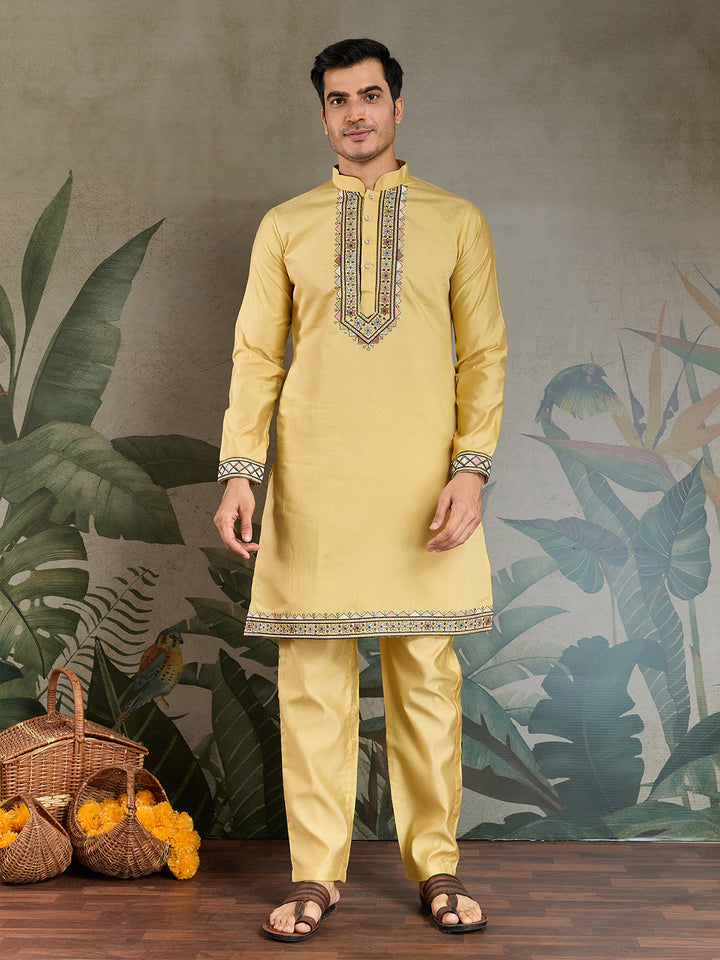 Yellow Viscose Silk Wedding Kurta with Embroidered Koti - qivii