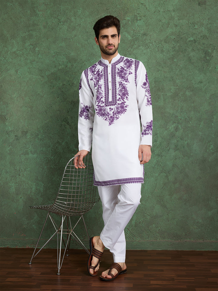 Designer Men's White & Purple Viscose Rayon Kurta - qivii
