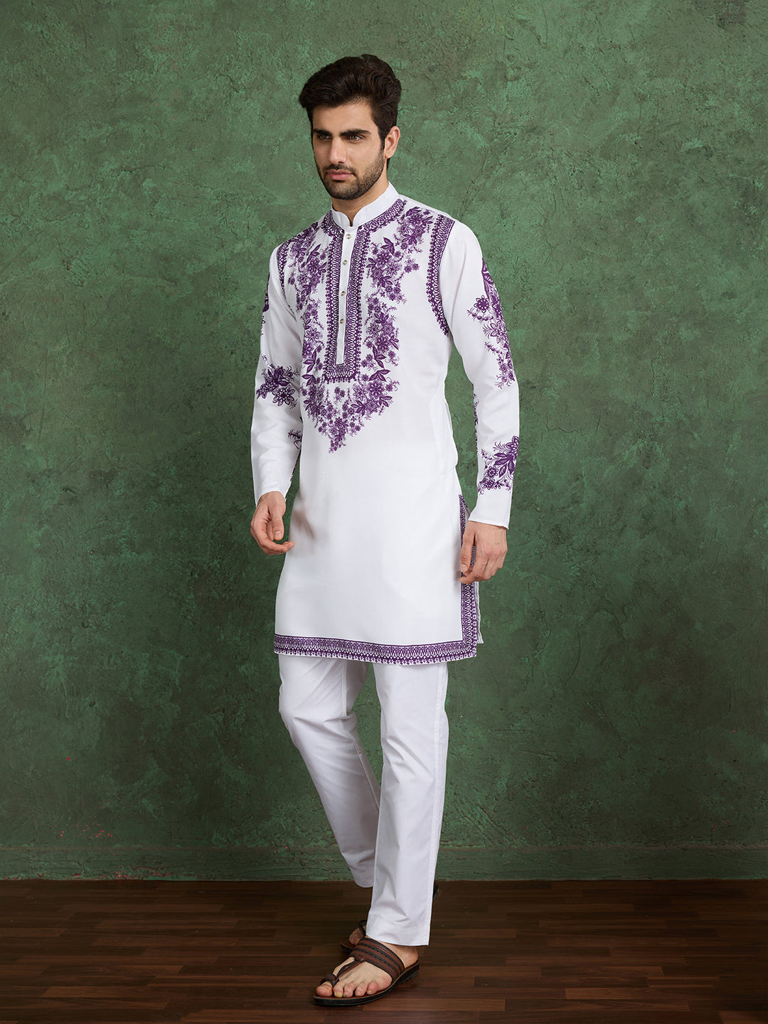 Designer Men's White & Purple Viscose Rayon Kurta - qivii