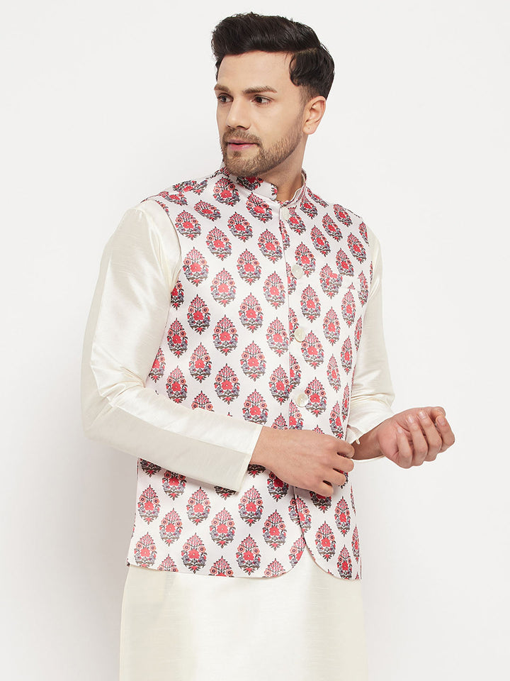 Men's White & Red Floral Printed Slim-Fit Satin Nehru Jacket