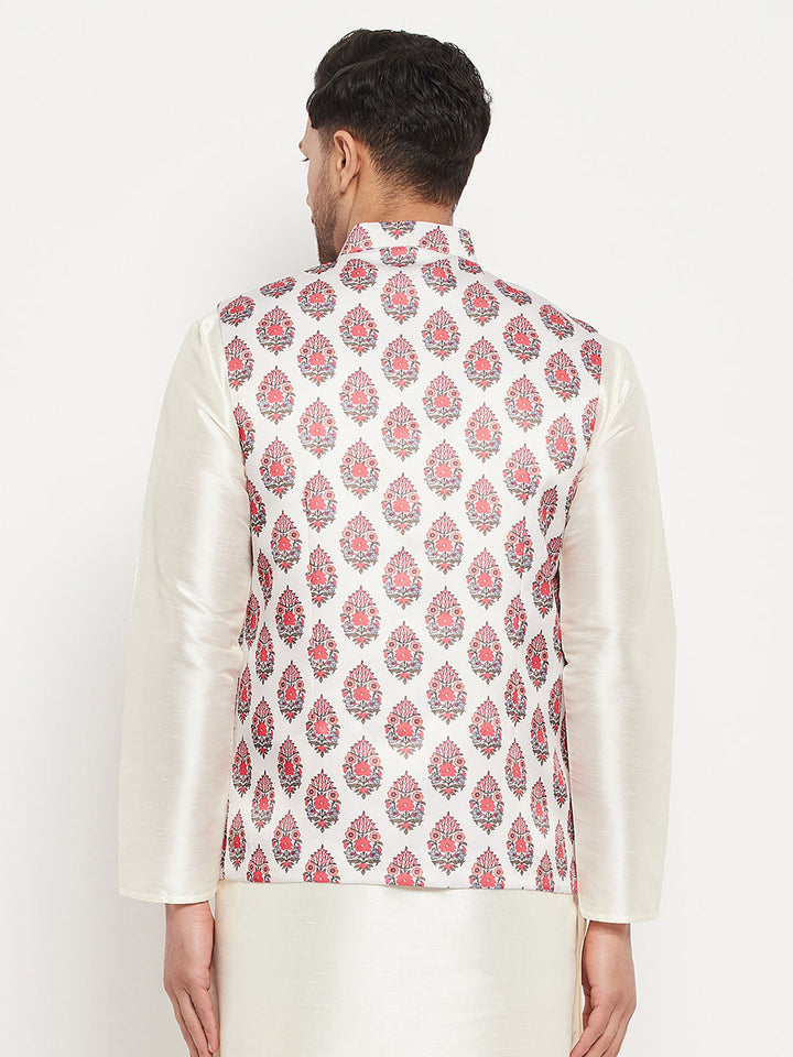 Men's White & Red Floral Printed Slim-Fit Satin Nehru Jacket