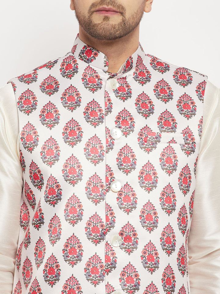 Men's White & Red Floral Printed Slim-Fit Satin Nehru Jacket