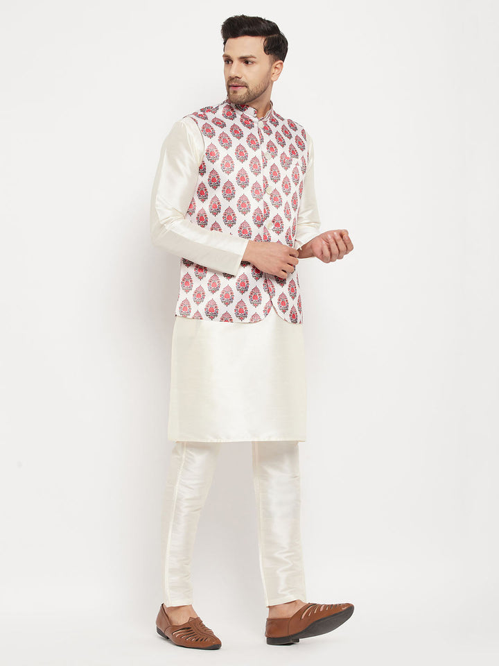 Men's White & Red Floral Printed Slim-Fit Satin Nehru Jacket