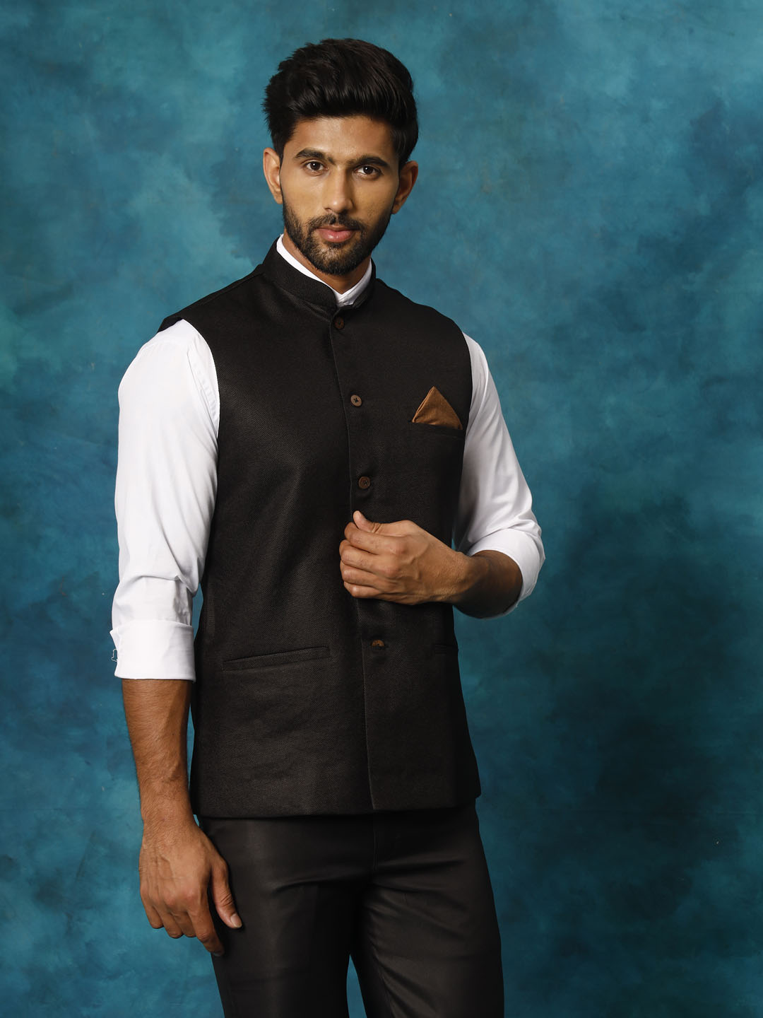 Men's Black Woven Nehru Jacket