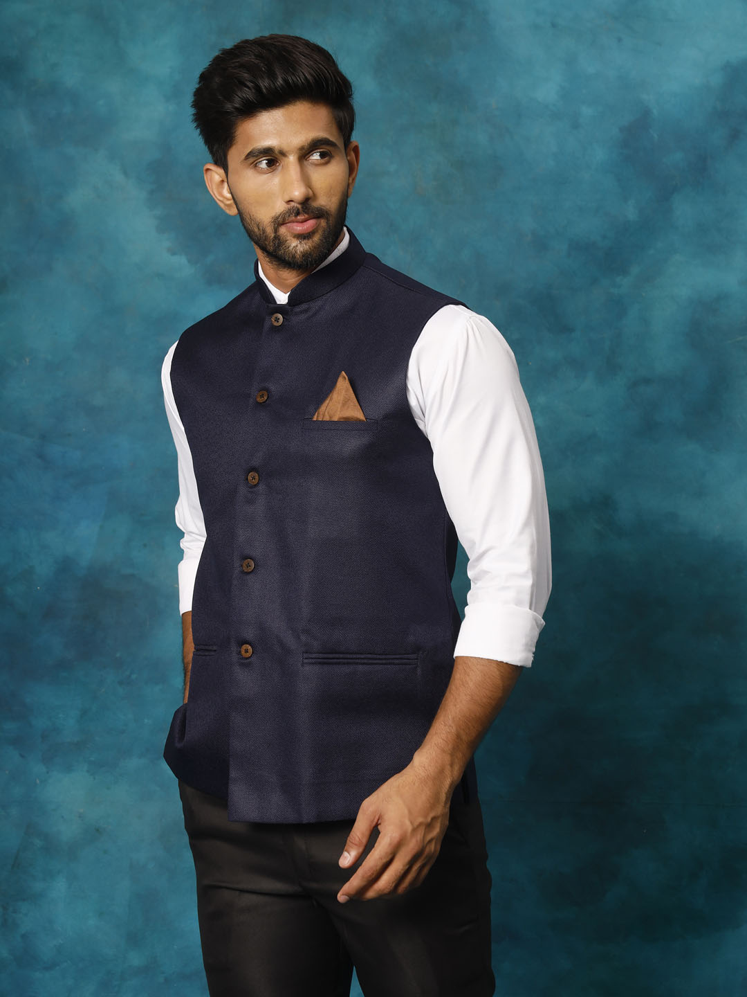 Men's Navy Blue Woven Nehru Jacket