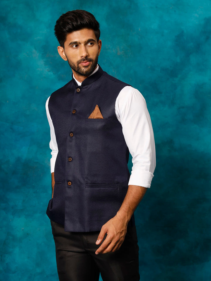 Men's Navy Blue Woven Nehru Jacket