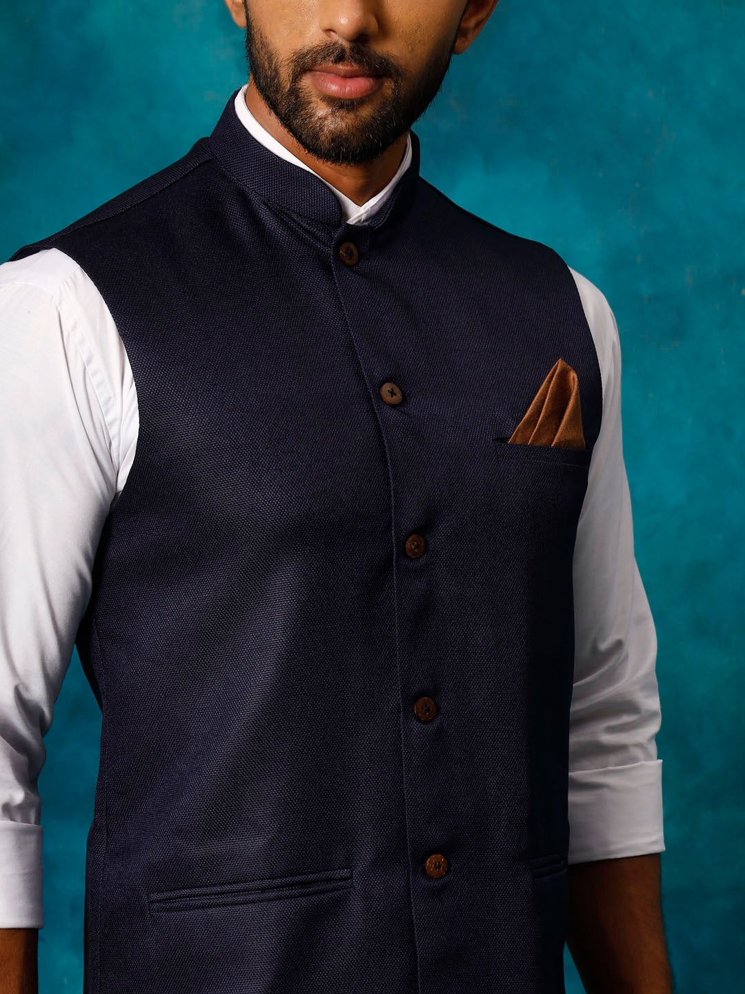Men's Navy Blue Woven Nehru Jacket