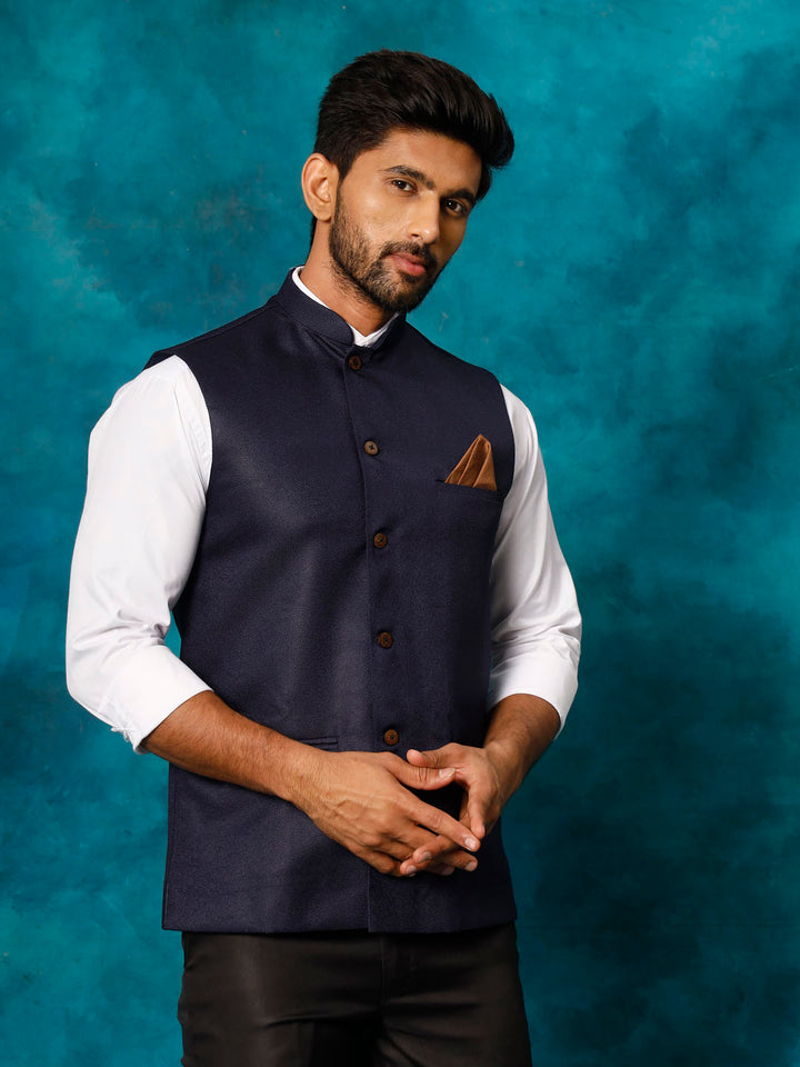 Men's Navy Blue Woven Nehru Jacket
