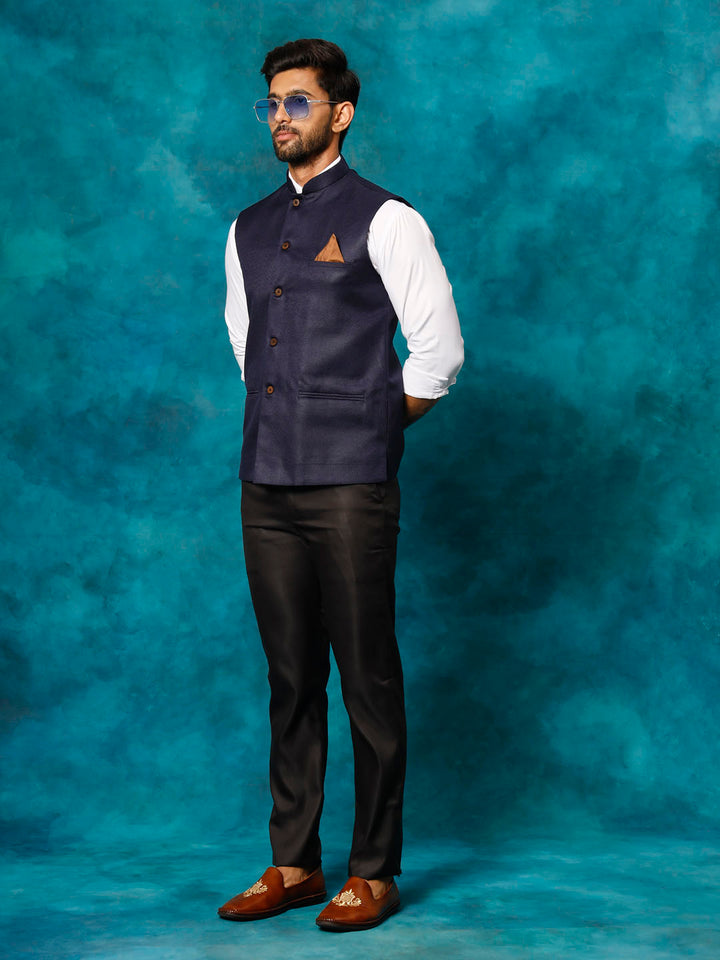 Men's Navy Blue Woven Nehru Jacket