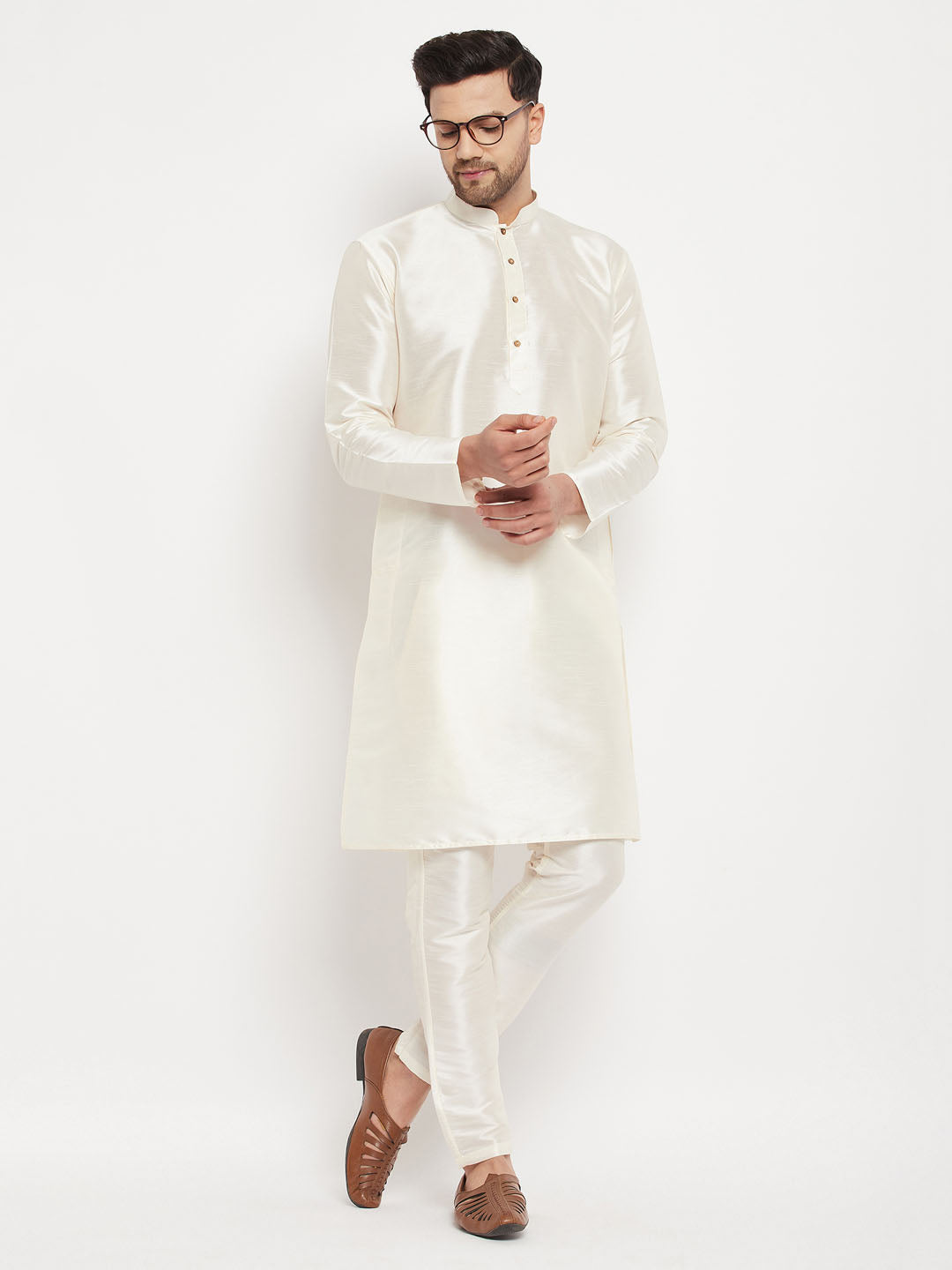 Men's Cream Cotton Silk Blend Kurta And Pant Style Pyjama Set