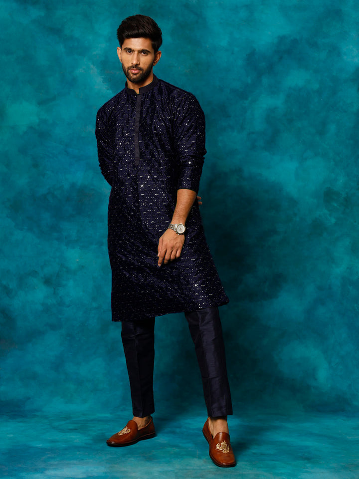 Men's Blue Silk Blend Kurta Pyjama Set