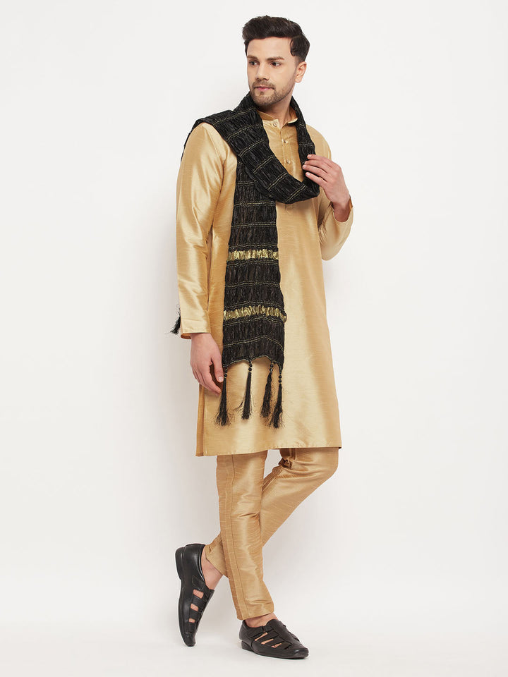Men's Rose Gold And Black Silk Blend Kurta, Pyjama & Dupatta Set
