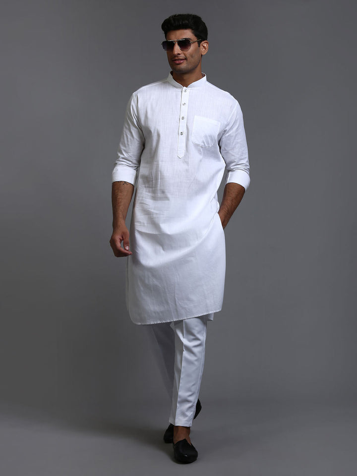 Men's White Cotton Blend Pathani Kurta With Pant Set