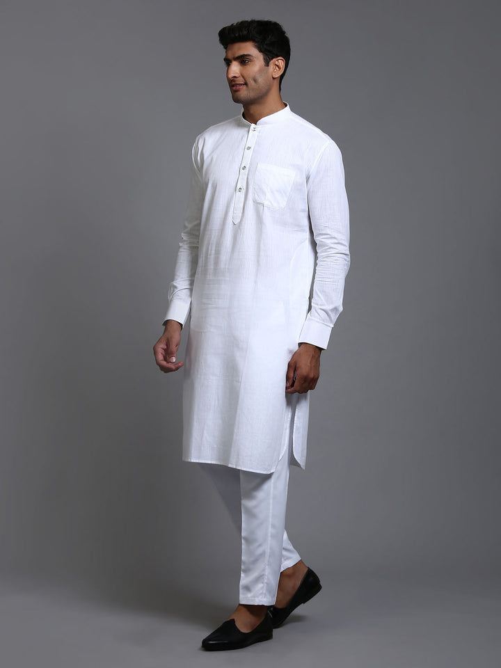 Men's White Cotton Blend Pathani Kurta With Pant Set