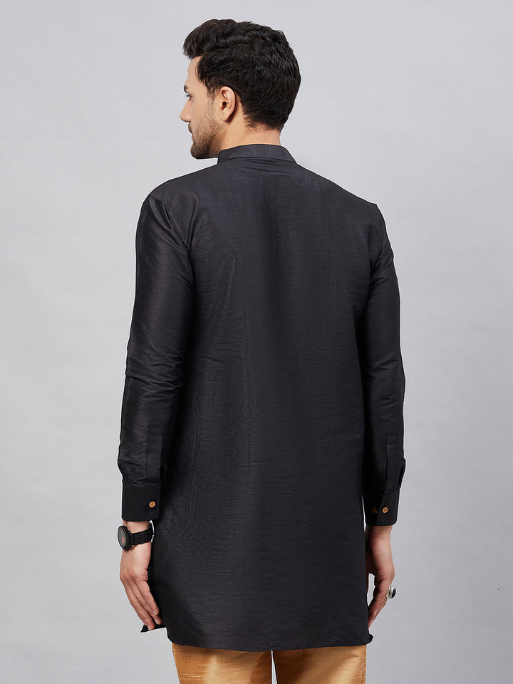 VASTRAMAY Men's Black Silk Blend Curved Kurta